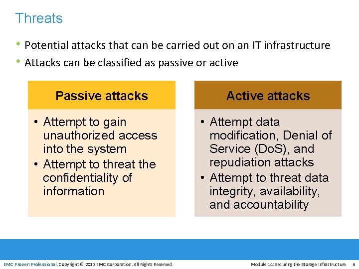 Threats • Potential attacks that can be carried out on an IT infrastructure •