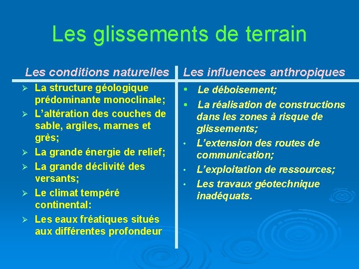 Les glissements de terrain Les conditions naturelles Ø Ø Ø La structure géologique prédominante