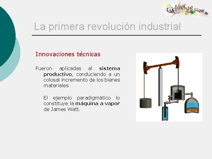 La primera revolución industrial Innovaciones técnicas Fueron aplicadas al sistema productivo, conduciendo a un