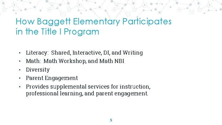 How Baggett Elementary Participates in the Title I Program “ • Literacy: Shared, Interactive,