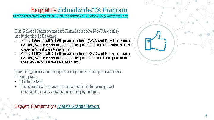 Baggett’s Schoolwide/TA Program: Please reference your 2019 -2020 Schoolwide/TA School Improvement Plan Our School