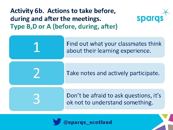 Activity 6 b. Actions to take before, during and after the meetings. Type B, Activity 6 b. Actions to take before, during and after the meetings. Type B,