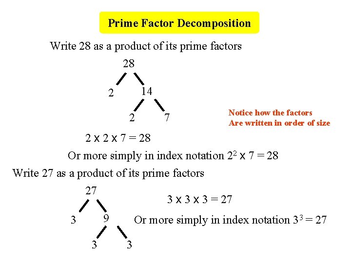 Prime Factor Decomposition Write 28 as a product of its prime factors 28 14