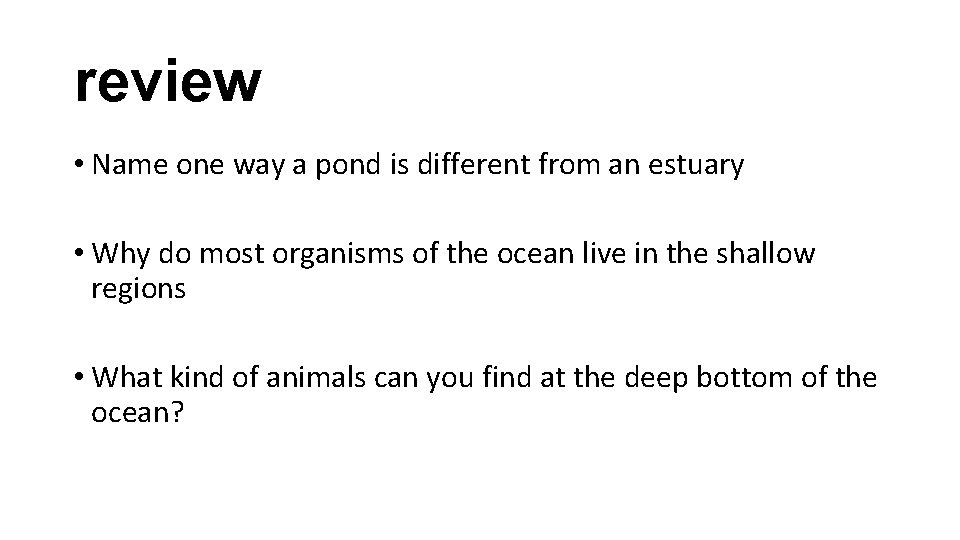 review • Name one way a pond is different from an estuary • Why