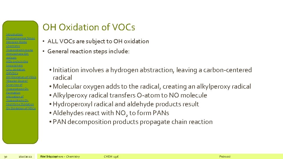 Introduction Photochemical Smog Nitrogen Oxide Chemistry Tropospheric ozone Atmospheric OH radicals HOx cycle in