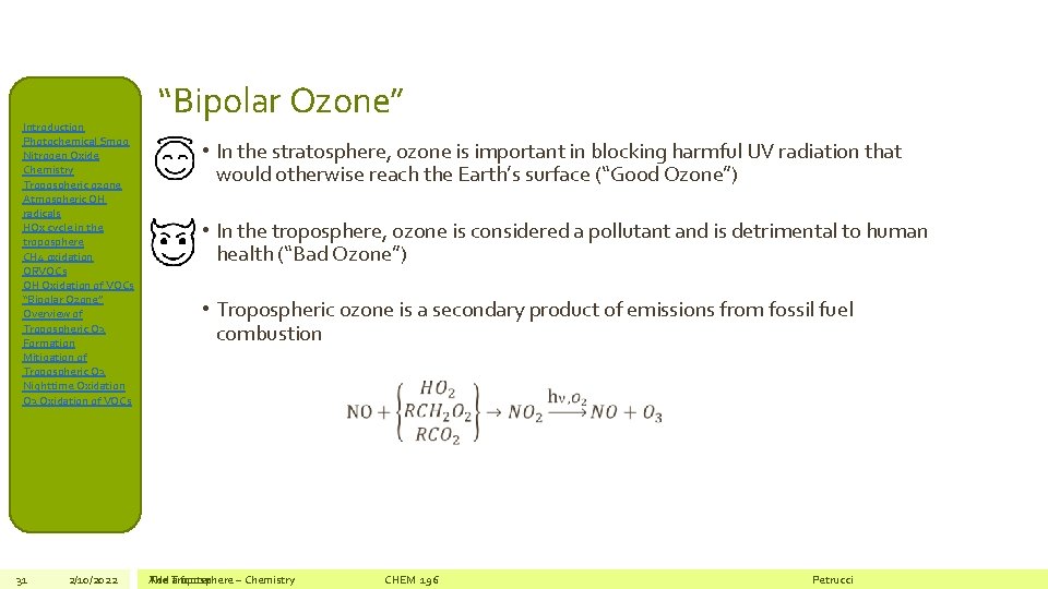 Introduction Photochemical Smog Nitrogen Oxide Chemistry Tropospheric ozone Atmospheric OH radicals HOx cycle in