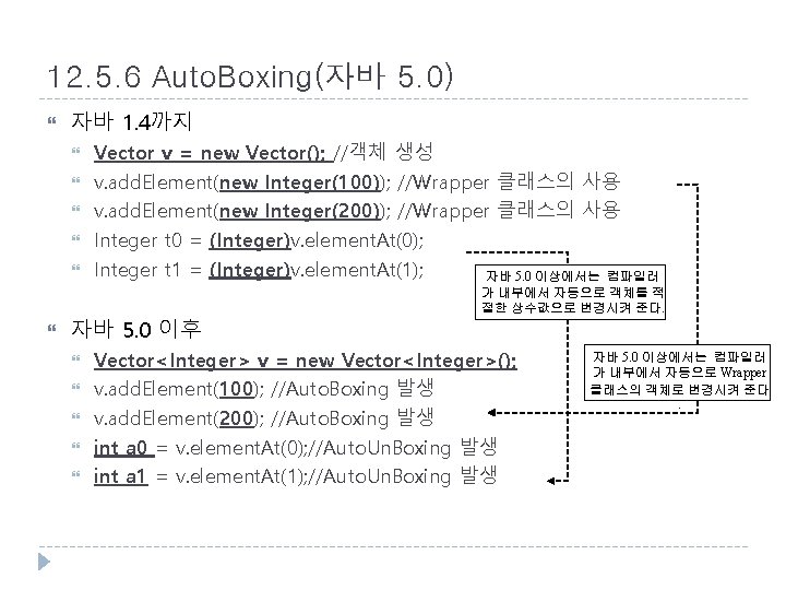 12. 5. 6 Auto. Boxing(자바 5. 0) 자바 1. 4까지 Vector v = new