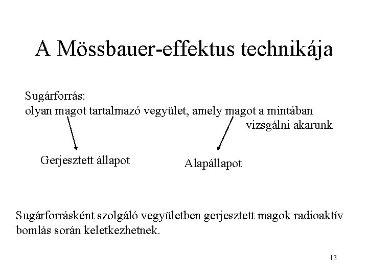 A Mössbauer-effektus technikája Sugárforrás: olyan magot tartalmazó vegyület, amely magot a mintában vizsgálni akarunk