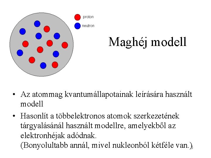 Maghéj modell • Az atommag kvantumállapotainak leírására használt modell • Hasonlít a többelektronos atomok
