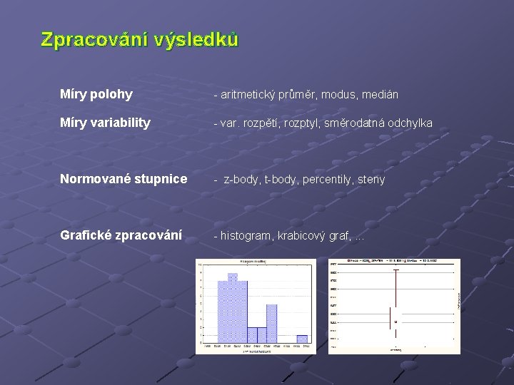 Zpracování výsledků Míry polohy - aritmetický průměr, modus, medián Míry variability - var. rozpětí,