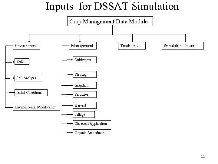 Inputs for DSSAT Simulation Crop Management Data Module Environment Fields Soil Analysis Management Treatment