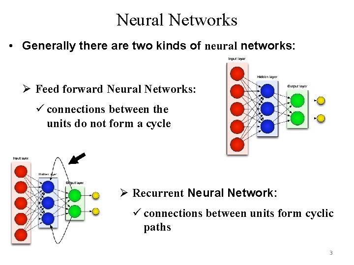 Neural Networks • Generally there are two kinds of neural networks: Ø Feed forward