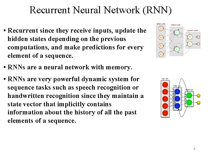 Recurrent Neural Network (RNN) • Recurrent since they receive inputs, update the hidden states
