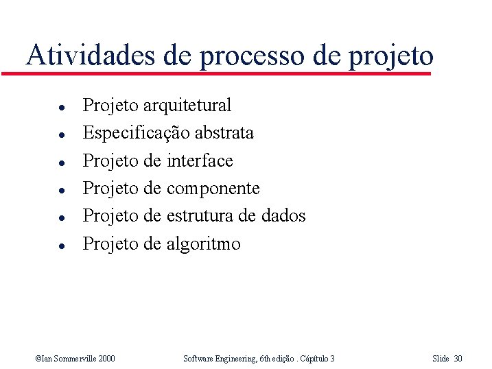 Atividades de processo de projeto l l l Projeto arquitetural Especificação abstrata Projeto de