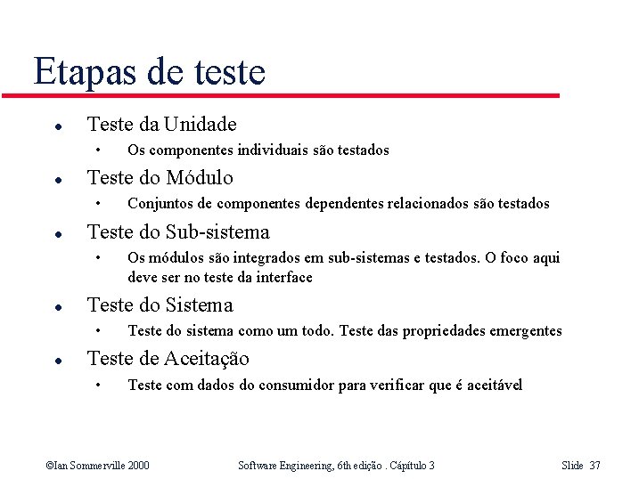 Etapas de teste l Teste da Unidade • l Teste do Módulo • l