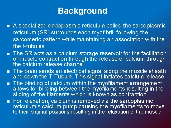 Background n n n A specialized endoplasmic reticulum called the sarcoplasmic reticulum (SR) surrounds