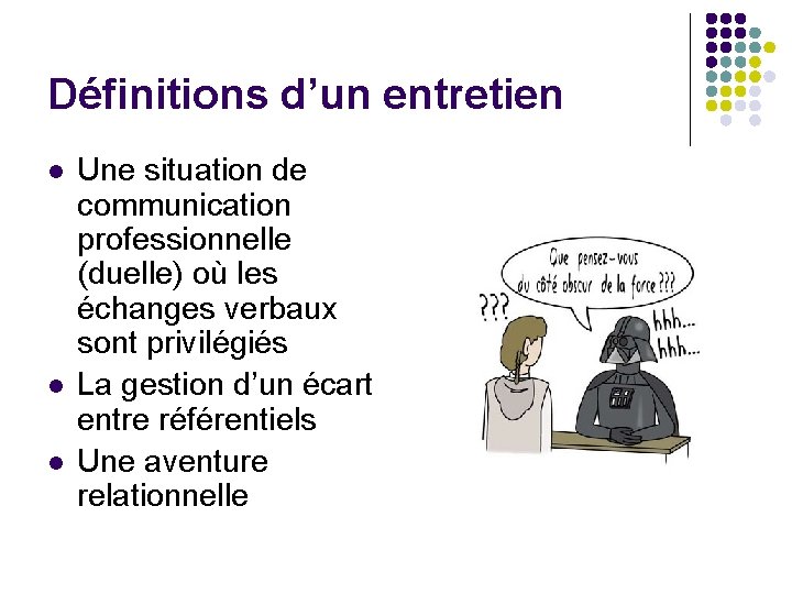 Définitions d’un entretien l l l Une situation de communication professionnelle (duelle) où les