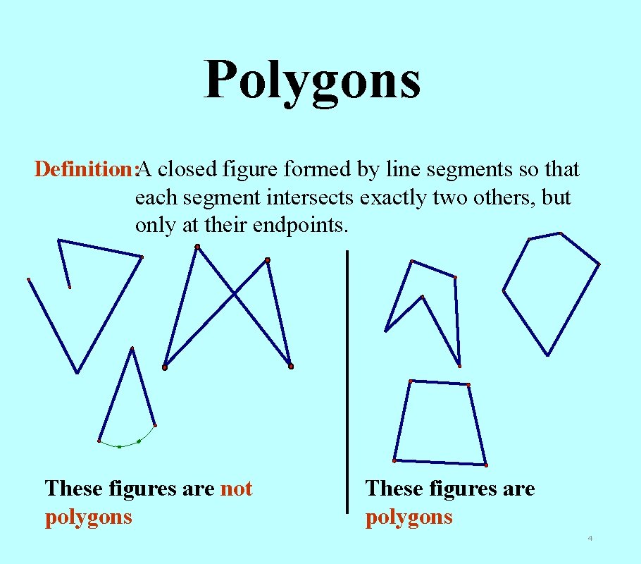 Polygons Definition: A closed figure formed by line segments so that each segment intersects