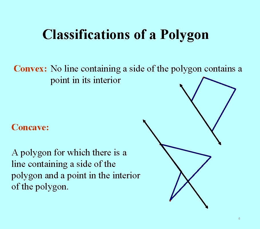 Classifications of a Polygon Convex: No line containing a side of the polygon contains