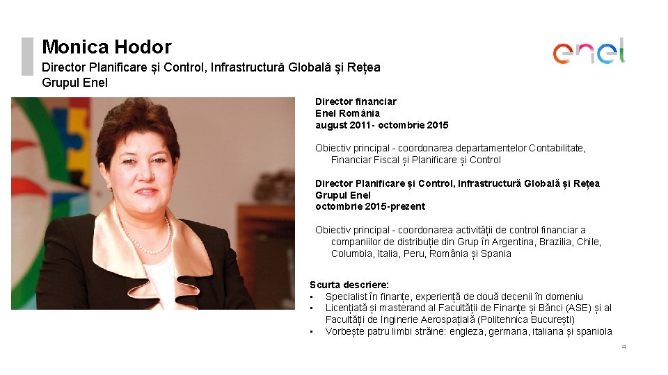 Monica Hodor Director Planificare și Control, Infrastructură Globală și Rețea Grupul Enel Director financiar