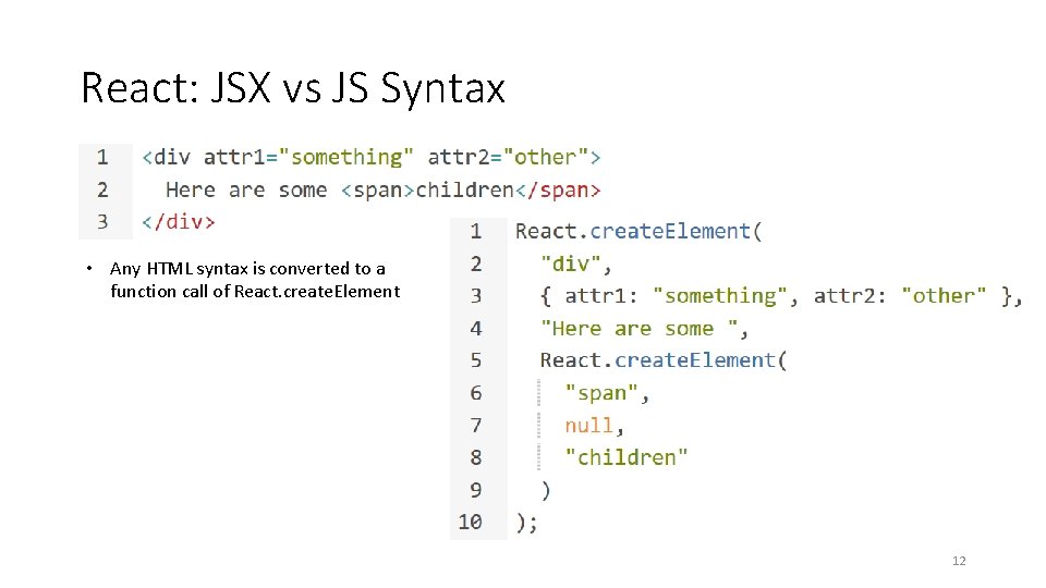 React: JSX vs JS Syntax • Any HTML syntax is converted to a function