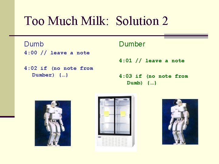 Too Much Milk: Solution 2 Dumber 4: 00 // leave a note 4: 01