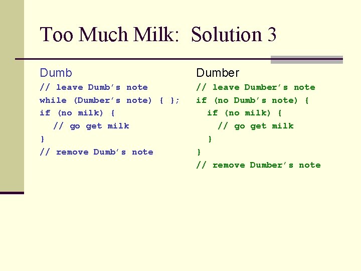 Too Much Milk: Solution 3 Dumber // leave Dumb’s note while (Dumber’s note) {