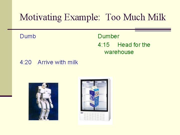 Motivating Example: Too Much Milk Dumb 4: 20 Dumber 4: 15 Head for the