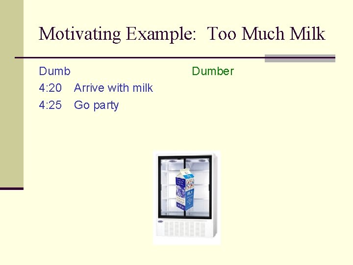 Motivating Example: Too Much Milk Dumb 4: 20 Arrive with milk 4: 25 Go