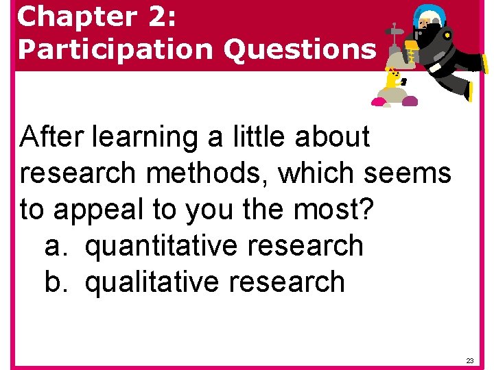 Chapter 2: Participation Questions After learning a little about research methods, which seems to