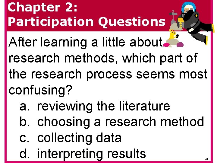 Chapter 2: Participation Questions After learning a little about research methods, which part of
