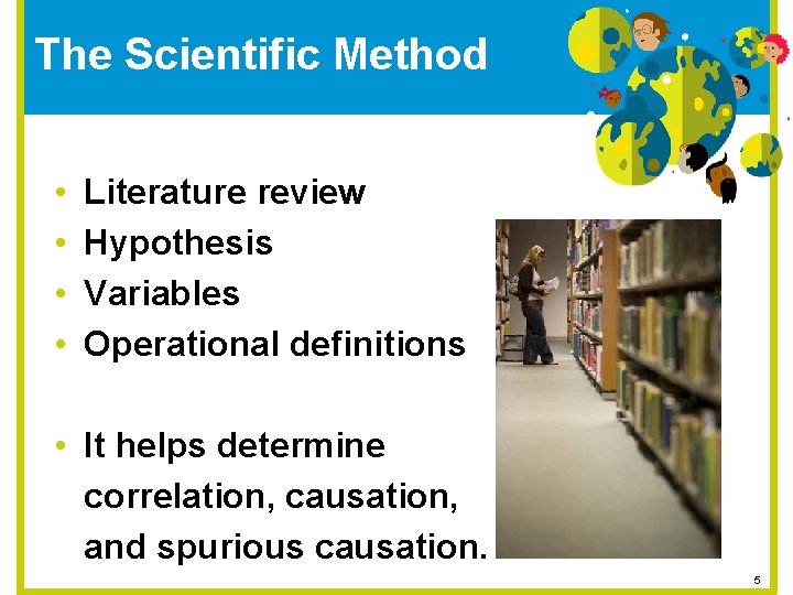 The Scientific Method • • Literature review Hypothesis Variables Operational definitions • It helps