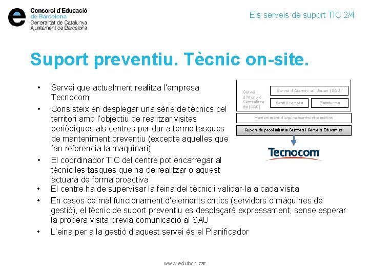 Els serveis de suport TIC 2/4 Suport preventiu. Tècnic on-site. • • • Servei