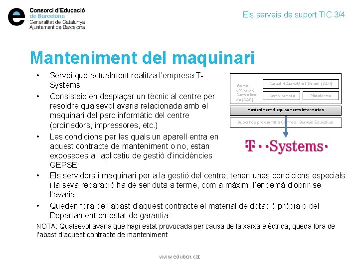 Els serveis de suport TIC 3/4 Manteniment del maquinari • • • Servei que