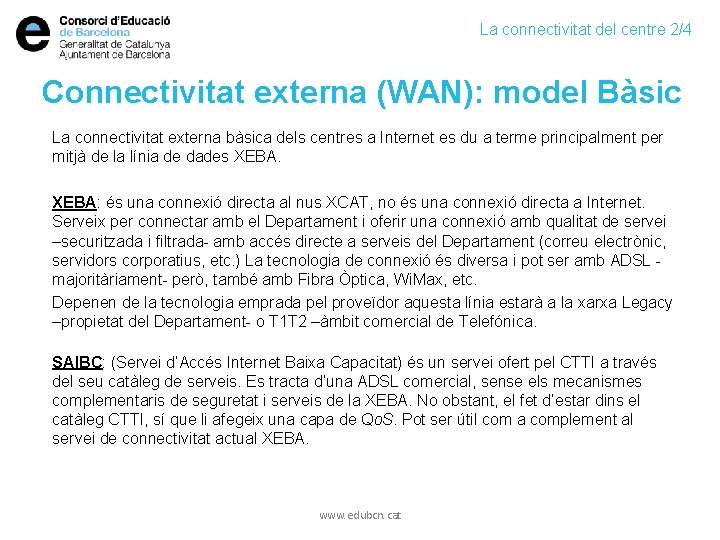 La connectivitat del centre 2/4 Connectivitat externa (WAN): model Bàsic La connectivitat externa bàsica