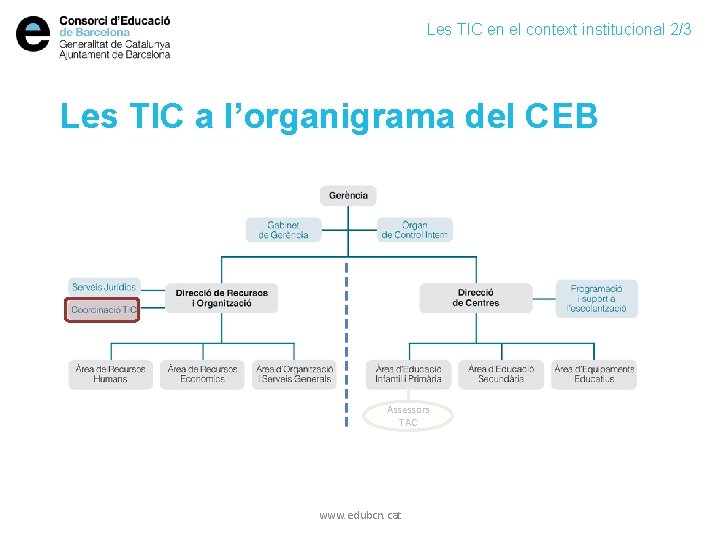 Les TIC en el context institucional 2/3 Les TIC a l’organigrama del CEB Assessors