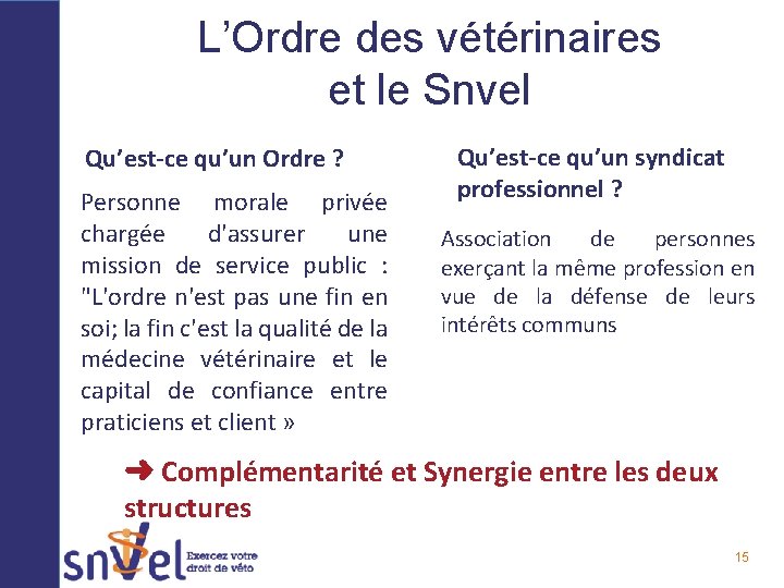 L’Ordre des vétérinaires et le Snvel Qu’est-ce qu’un Ordre ? Personne morale privée chargée