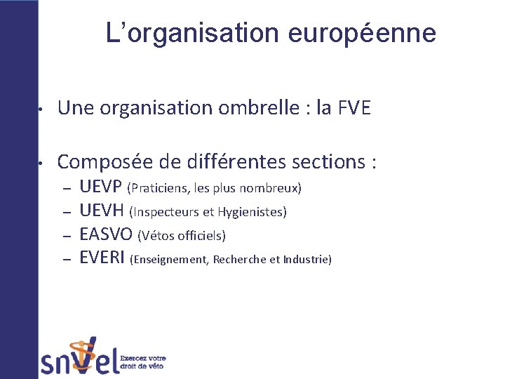 L’organisation européenne • Une organisation ombrelle : la FVE • Composée de différentes sections