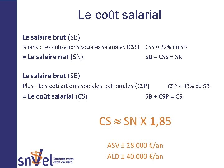 Le coût salarial Le salaire brut (SB) Moins : Les cotisations sociales salariales (CSS)
