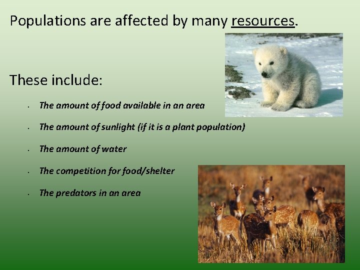 Populations are affected by many resources. These include: • The amount of food available