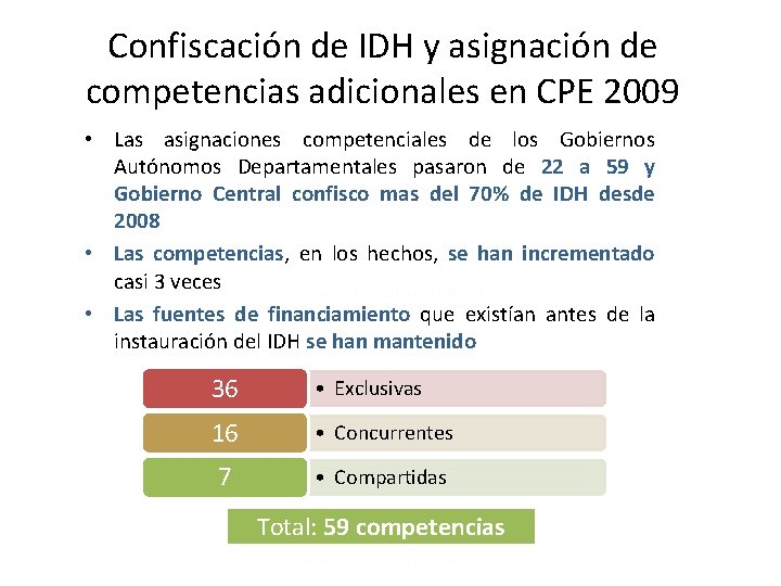 Confiscación de IDH y asignación de competencias adicionales en CPE 2009 • Las asignaciones