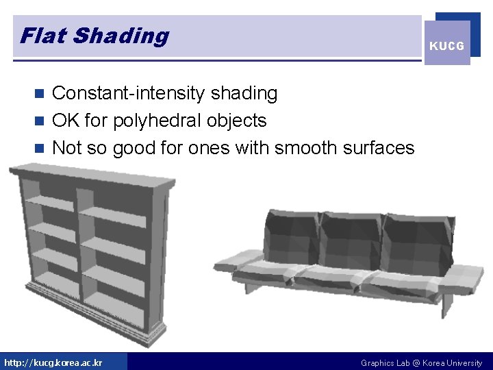 Flat Shading KUCG Constant-intensity shading n OK for polyhedral objects n Not so good