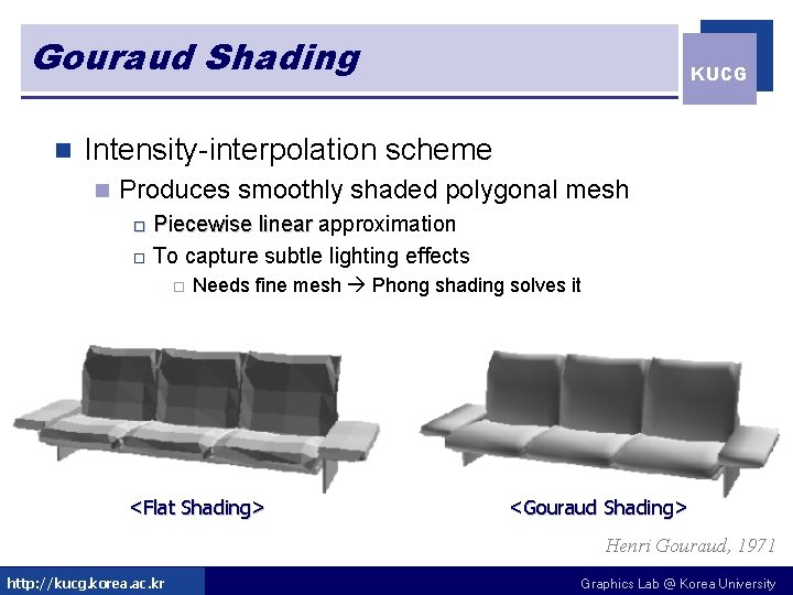 Gouraud Shading n KUCG Intensity-interpolation scheme n Produces smoothly shaded polygonal mesh Piecewise linear