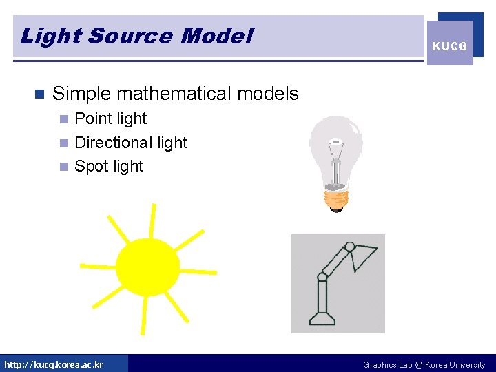 Light Source Model n KUCG Simple mathematical models Point light n Directional light n