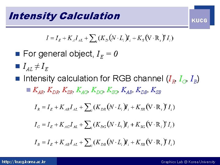 Intensity Calculation KUCG For general object, IE = 0 n IAL ≠ IE n