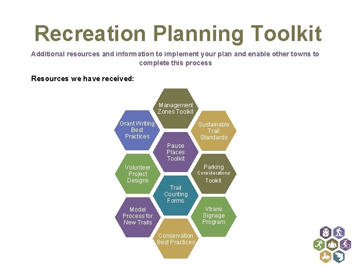 Recreation Planning Toolkit Additional resources and information to implement your plan and enable other