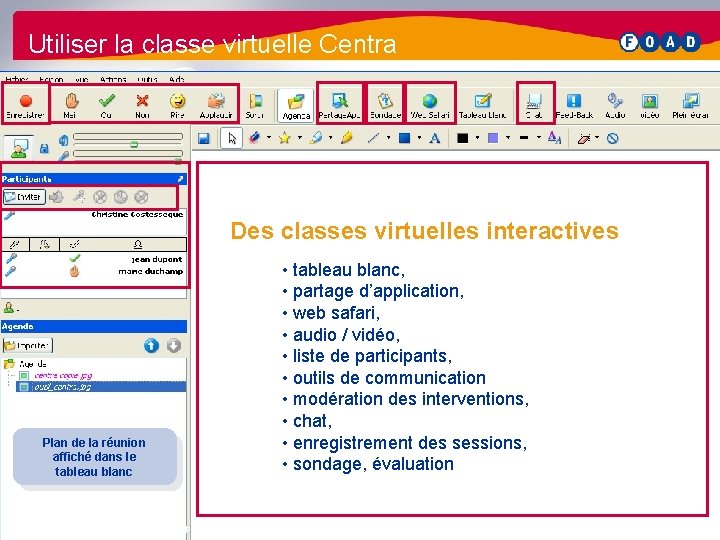 Utiliser la classe virtuelle Centra Des classes virtuelles interactives Plan de la réunion affiché