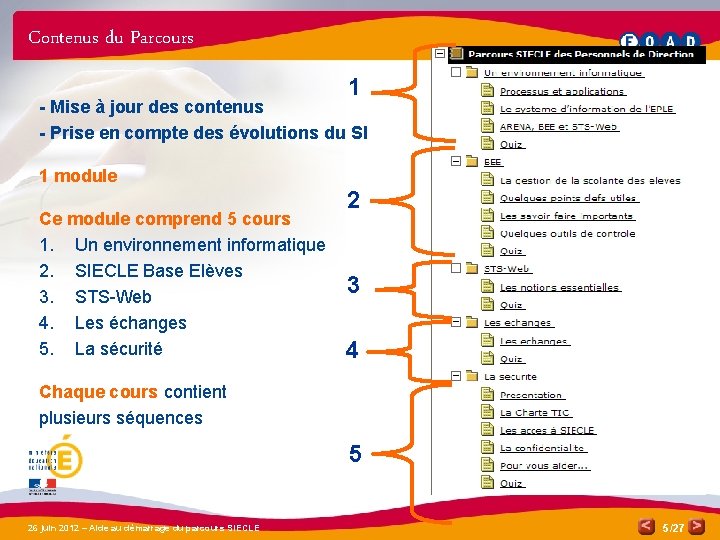 Contenus du Parcours 1 - Mise à jour des contenus - Prise en compte