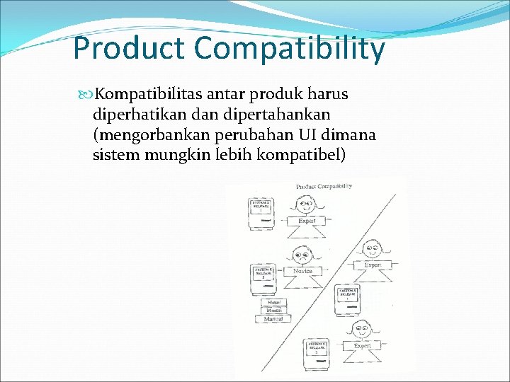 Product Compatibility Kompatibilitas antar produk harus diperhatikan dipertahankan (mengorbankan perubahan UI dimana sistem mungkin