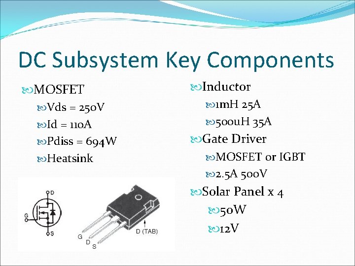 DC Subsystem Key Components MOSFET Vds = 250 V Id = 110 A Pdiss